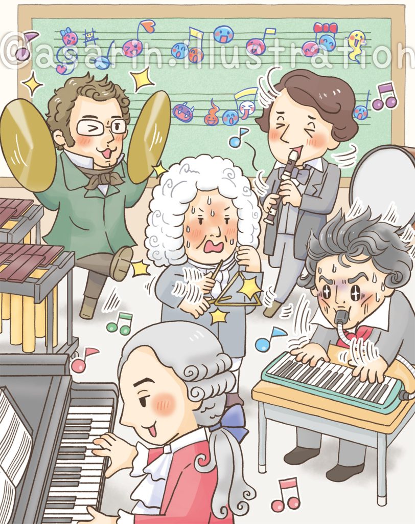 音楽室で演奏する音楽家たちの楽しいイラスト児童書さし絵