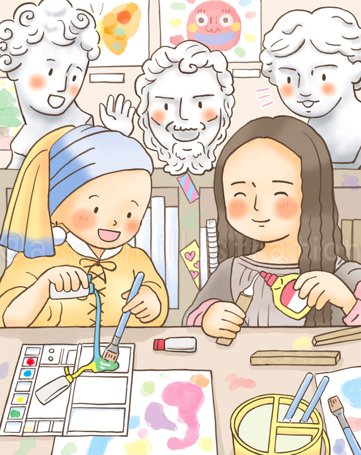 美術室、図工室で遊ぶモナリザ