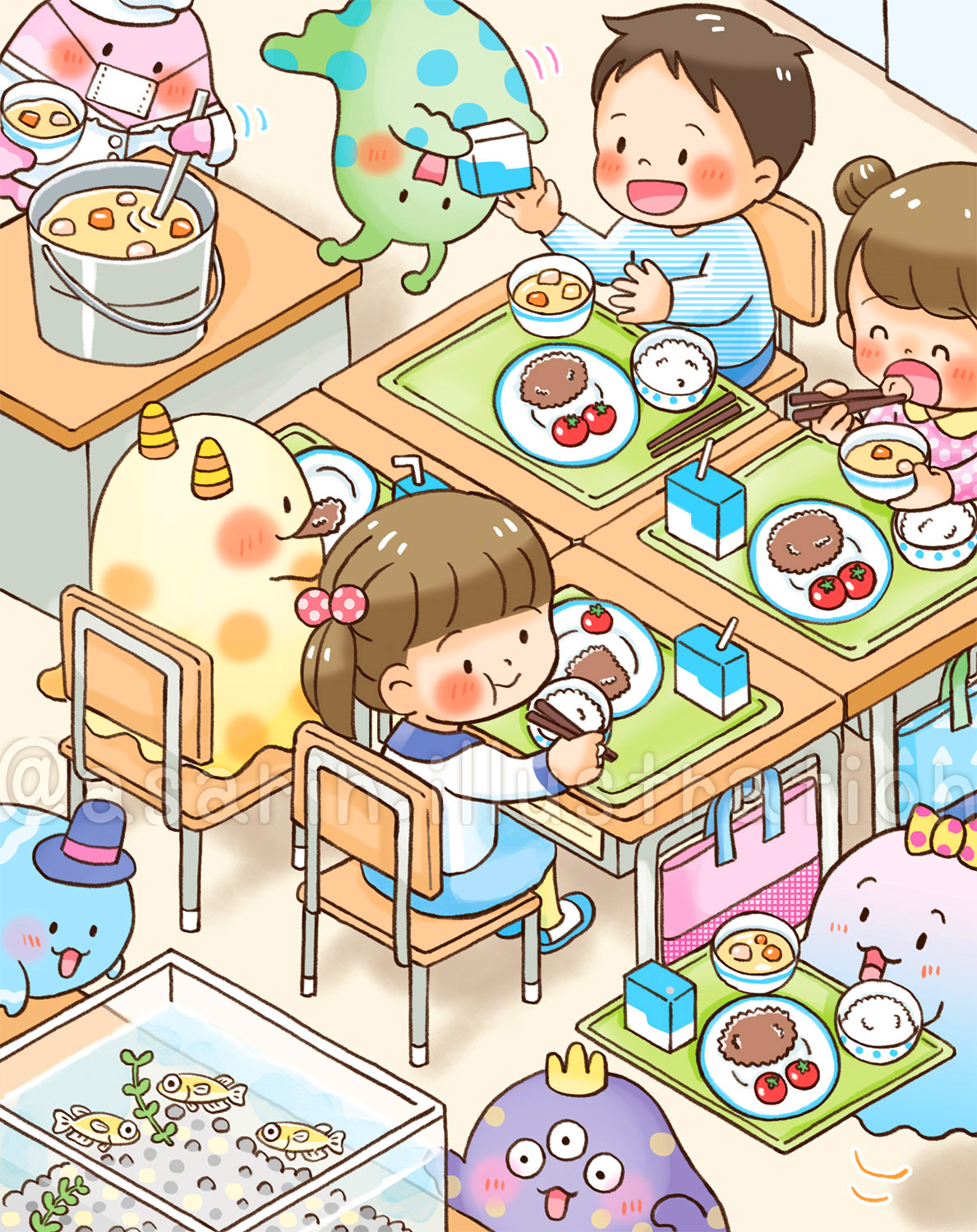 給食を食べる子どもたちのイラスト