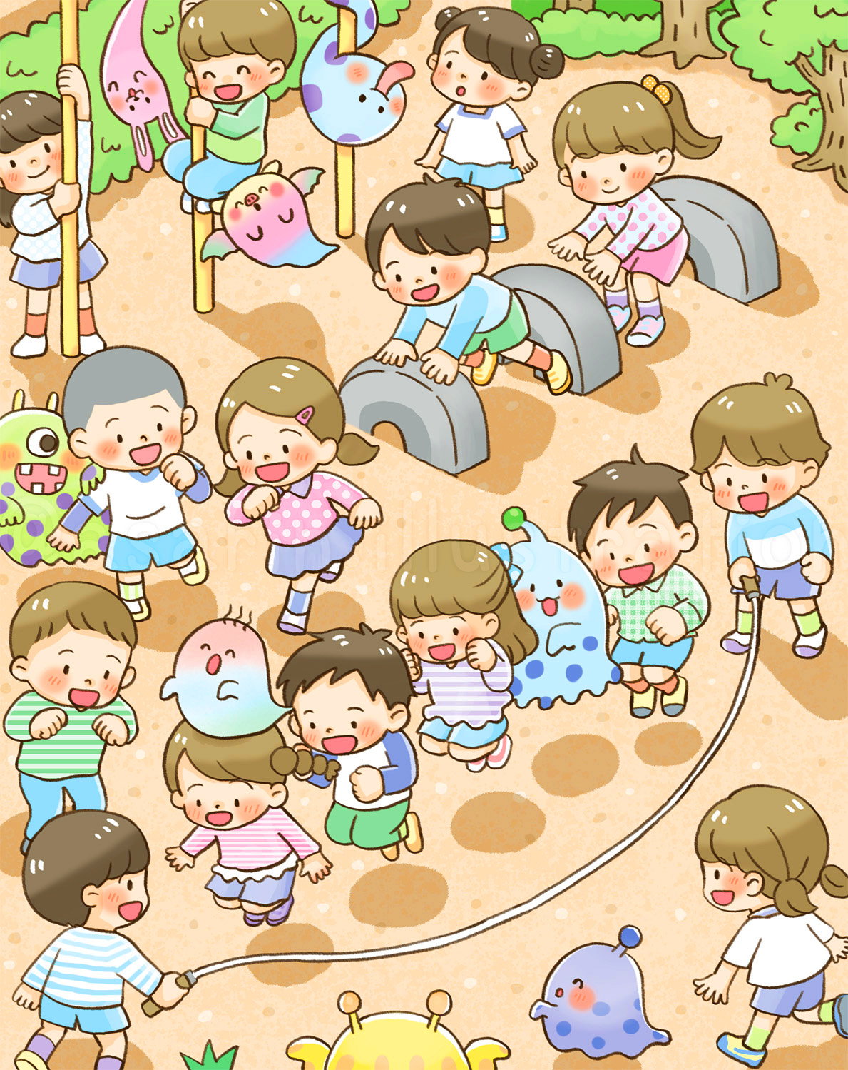 校庭で遊ぶ子どもたちイラスト