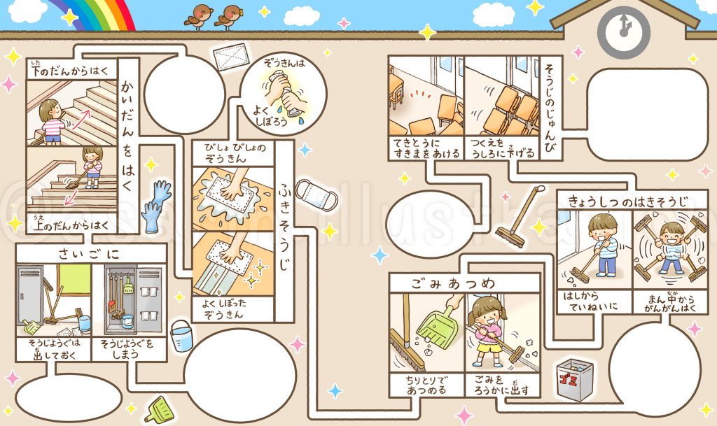 学校の掃除時間がモチーフのめいろ教材児童書挿絵