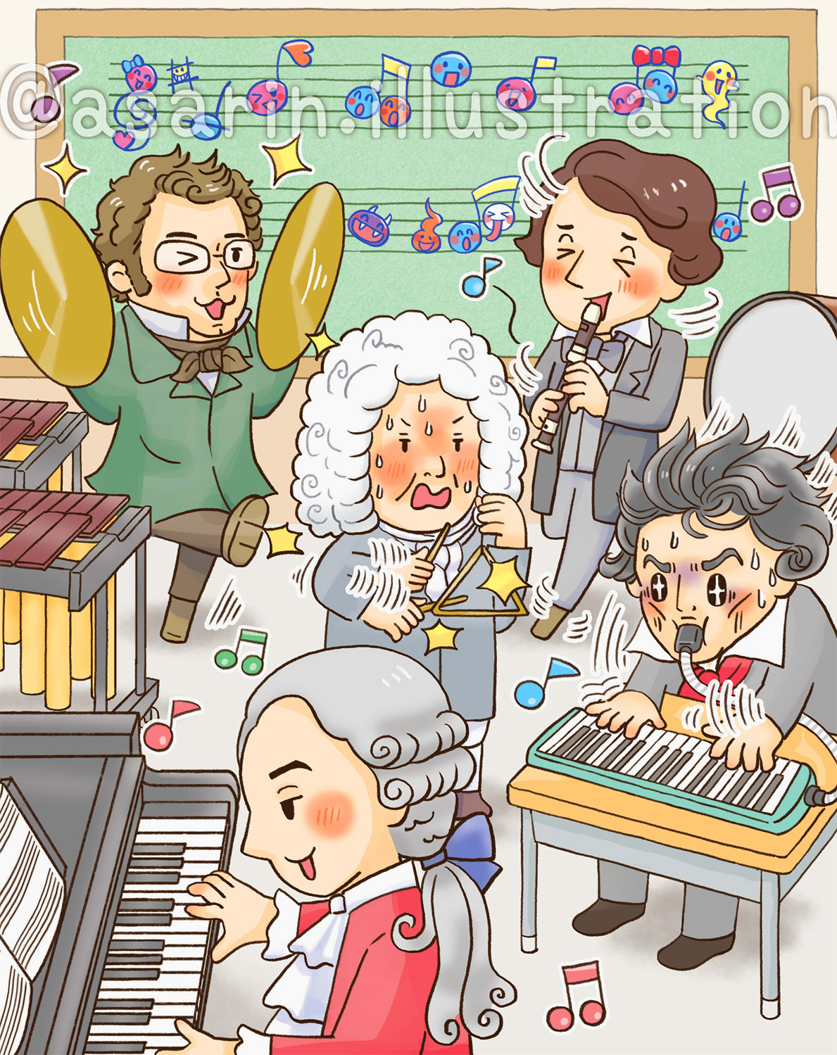 音楽室で演奏する音楽家たちのイラスト