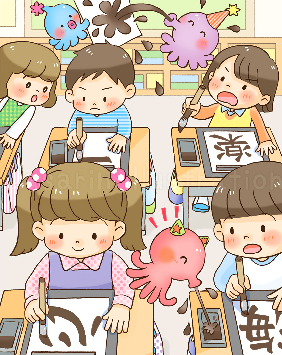 習字の授業の教室の子どもたち