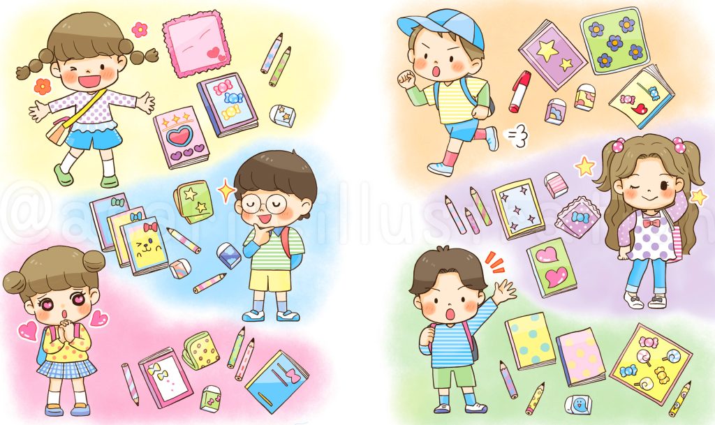 子どもたちと学校の持ち物のイラスト