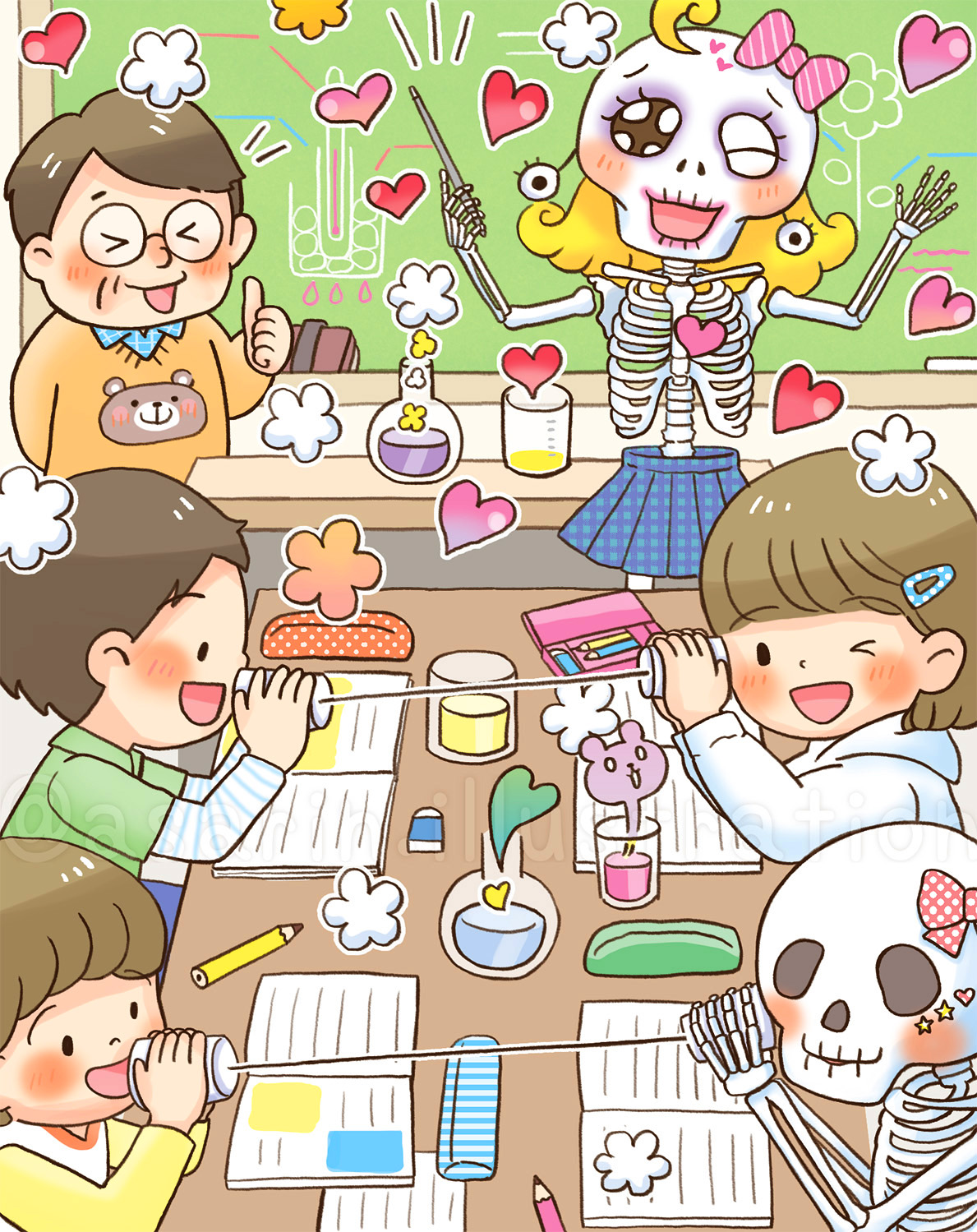 理科室で実験をする子どもたちとお化け