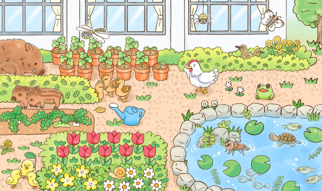 校庭の生き物たちのイラスト児童書挿絵