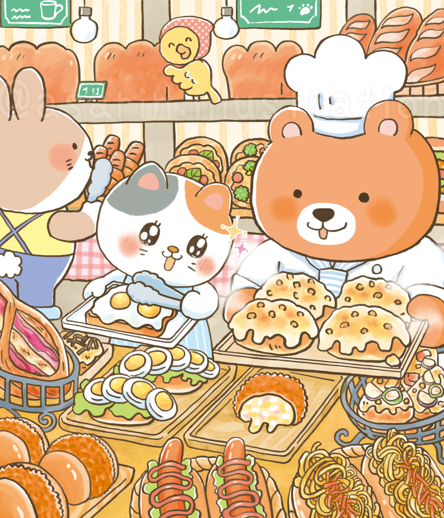 まちがいさがし、くまのパン屋さんと美味しそうなパンのイラスト