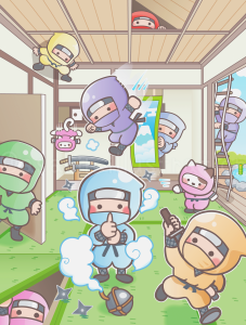 忍者をテーマにした子ども向けまちがいさがしイラスト。カラフルな忍者たちが和室で修行やいたずらをしている場面。
