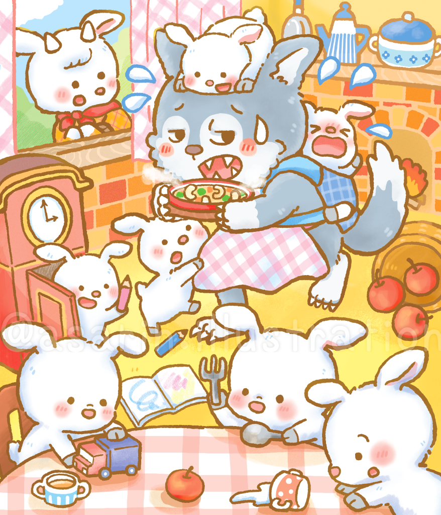 童話まちがいさがしイラストなぜか７ひきのこやぎの子育てを手伝う羽目になったオオカミ